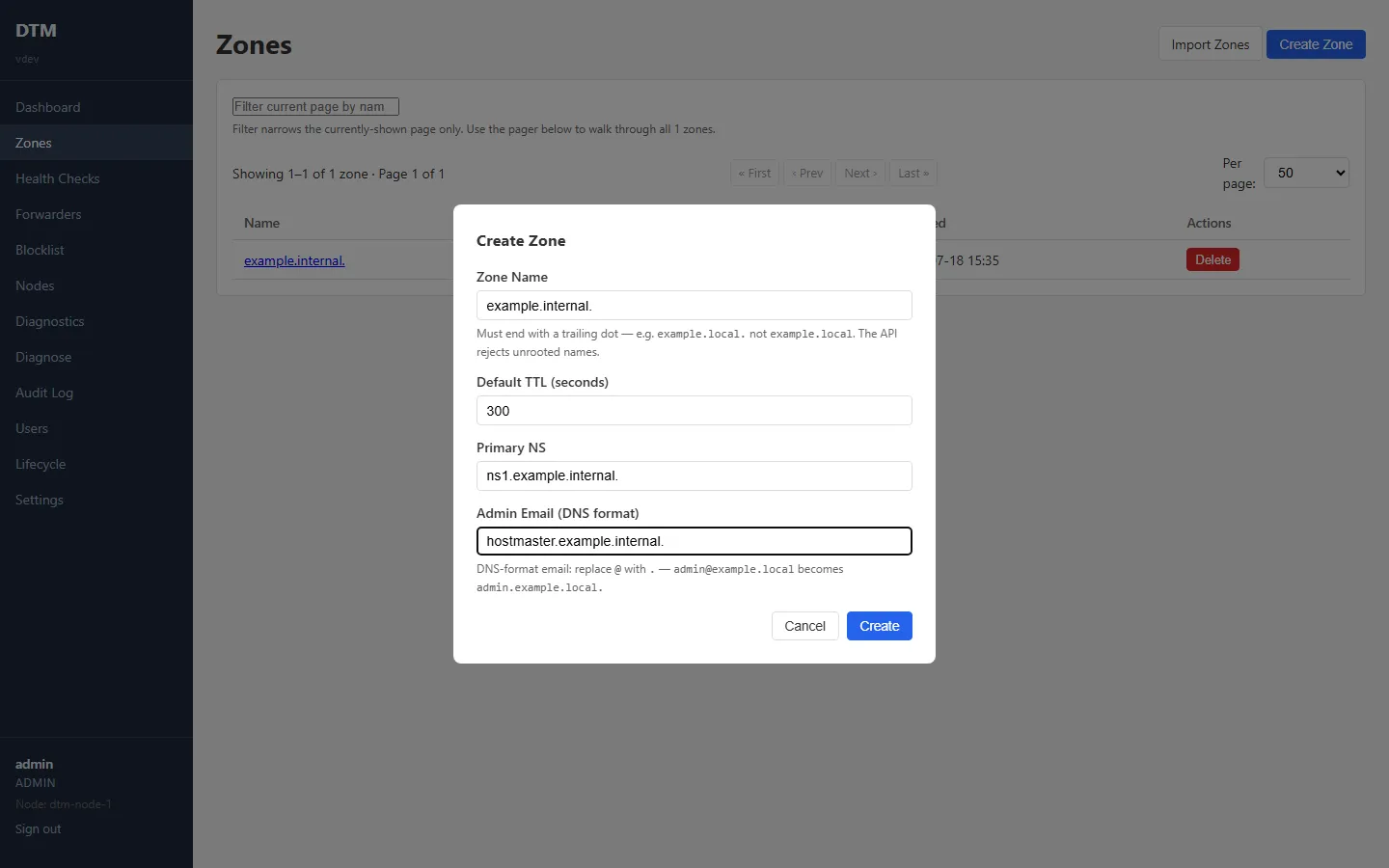 The Create Zone form, with the zone name entered as an FQDN, a default TTL, the primary NS, and the admin email in DNS format