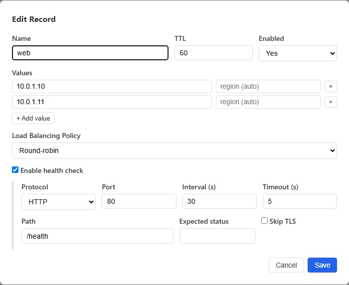 A record’s edit form with two backend values, the load-balancing policy set to round-robin, and an HTTP health check configured with port, path, interval and timeout