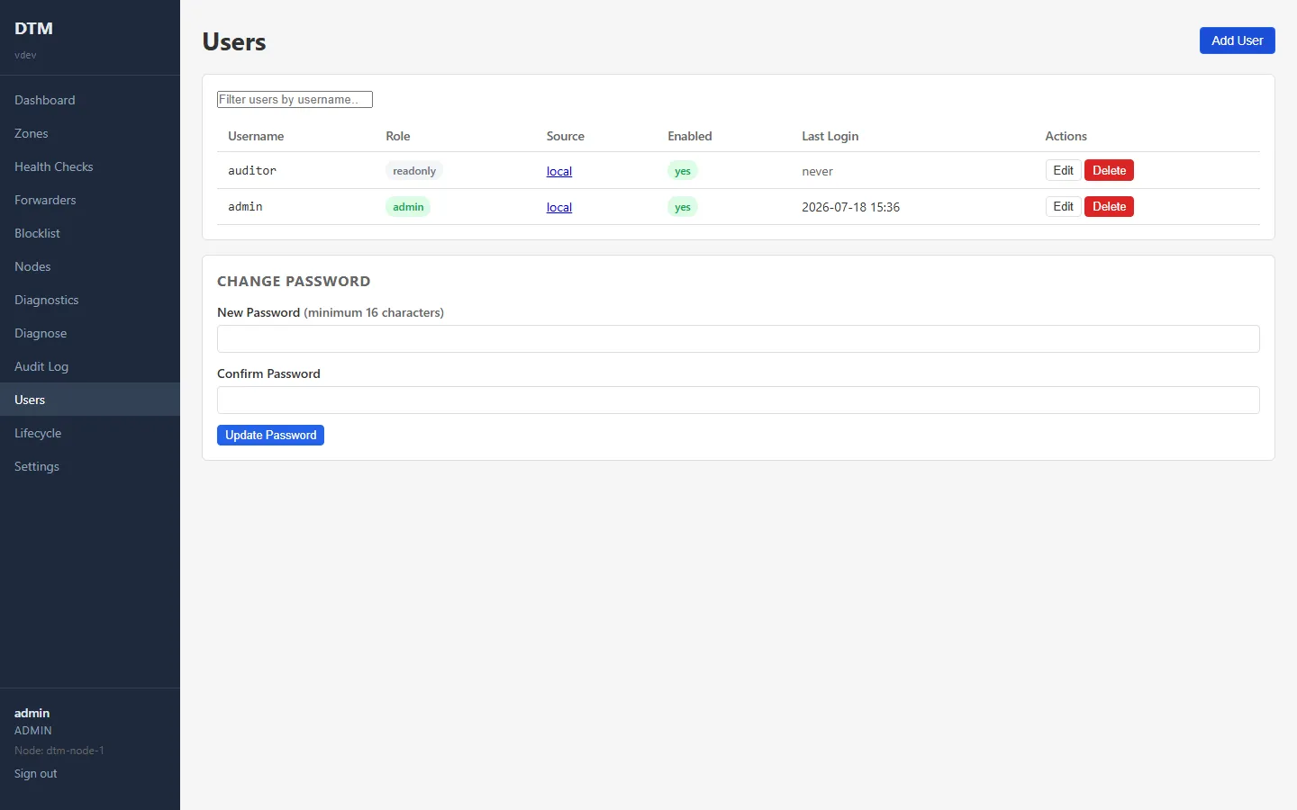 The Users page, listing each user with role, source, enabled state and last login, with add, edit and delete actions and a change-password form that notes the 16 character minimum